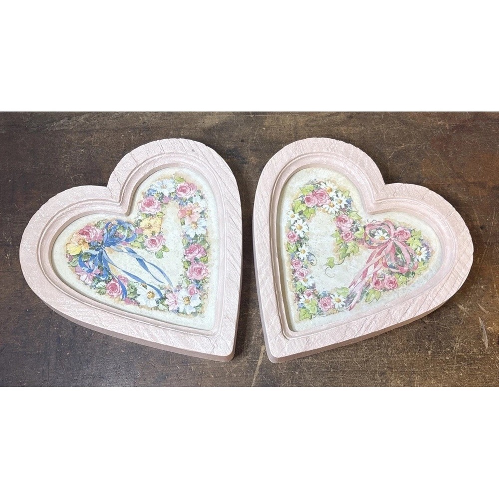 Vintage Homco Barbara Mock Heart Floral Wall Plaques Set of 2 Pink Cottagecore